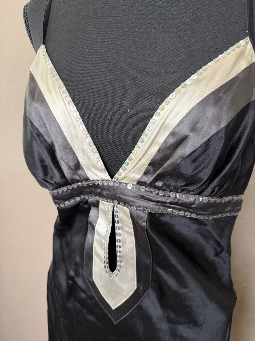 Black and White Satin Chemise Slip with Embellished Trim - Picture 4 of 5